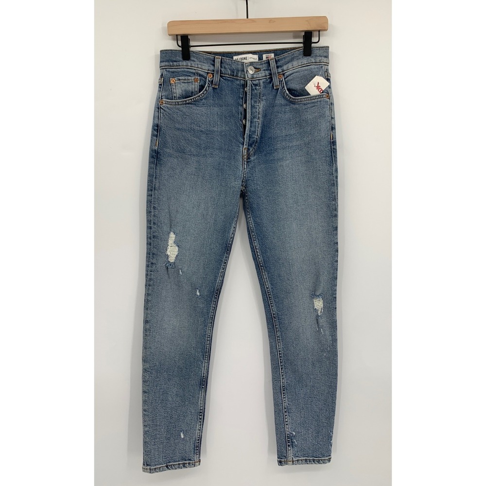 RE/DONE Jeans Womens 28 Blue High Rise Ankle Crop Stretch Distressed Denim NEW